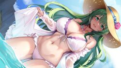 Rule 34 | 1girl, :d, bare shoulders, bikini, blush, breasts, cleavage, commentary, english commentary, frilled bikini, frills, green eyes, green hair, hat, highres, large breasts, long hair, long sleeves, looking at viewer, masaki nanaya, mixed-language commentary, navel, off shoulder, open mouth, original, outdoors, partially submerged, pointy ears, sideboob, smile, solo, stomach, swimsuit, thighs, underboob, water, white bikini, yellow hat