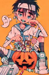 Rule 34 | 1boy, bandages, black hair, black nails, blue eyes, blue shorts, candy, child, commentary, commentary request, food, ghost, halloween bucket, highres, holding, holding candy, holding food, lollipop, looking at viewer, lunchbox (illillilliiliil), male focus, mouth hold, nail polish, orange background, original, sailor collar, shorts, simple background, solo, symbol-only commentary, teeth