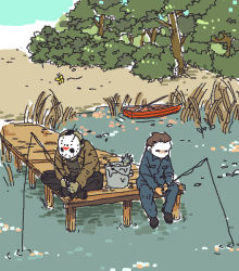 Rule 34 | 2boys, boat, bucket, bug, butterfly, crossover, fishing, fishing rod, friday the 13th, halloween (movie), bug, jason voorhees, mask, michael myers, multiple boys, outdoors, short hair, sitting, tree, water