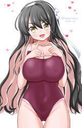 Rule 34 | 1girl, black hair, blush, breasts, dated, gluteal fold, hair ribbon, hairband, heart, kantai collection, large breasts, long hair, looking at viewer, masara (chuujou), multicolored hair, naganami (kancolle), naganami kai ni (kancolle), one-piece swimsuit, open mouth, pink hair, pink one-piece swimsuit, ribbon, swimsuit, twitter username, two-tone hair, wavy hair, white background, yellow eyes