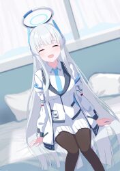 Rule 34 | 1girl, absurdres, blue archive, closed eyes, highres, long hair, looking at viewer, necktie, noa (blue archive), open mouth, pantyhose, sitting, solo, yuso mrk315