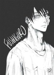 Rule 34 | 1boy, absurdres, bandage on face, bandages, black background, character name, closed mouth, collarbone, commentary, english commentary, eyelashes, fushiguro megumi, greyscale, hair between eyes, high contrast, highres, jujutsu kaisen, light smile, looking at viewer, male focus, monochrome, nose, saucybrtt, shirt, short hair, solo, spiked hair