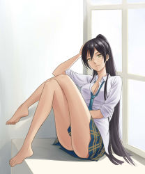 Rule 34 | 1girl, absurdres, barefoot, black hair, breasts, cleavage, feet, hand on own head, highres, idolmaster, idolmaster shiny colors, crossed legs, long hair, looking at viewer, necktie, open clothes, open shirt, ponytail, school uniform, shirase sakuya, toes, yellow eyes