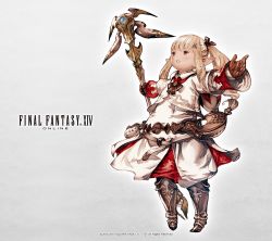 Rule 34 | 1girl, artist request, belt, blonde hair, boots, bow, brown eyes, copyright name, copyright notice, final fantasy, final fantasy xiv, forehead protector, full body, gem, gloves, grey background, hair bow, highres, holding, holding weapon, lalafell, long hair, official art, official wallpaper, open mouth, outstretched arms, pointy ears, pouch, robe, solo, staff, standing, tagme, twintails, wallpaper, warrior of light (ff14), weapon, white mage (final fantasy)