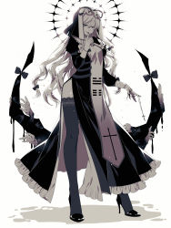 Rule 34 | 1girl, alternate costume, backlighting, black dress, black nails, blood, bow, breasts, closed mouth, collar, commentary request, cross, cross necklace, cross print, dress, extra eyes, finger to mouth, fingernails, frilled collar, frills, full body, gap (touhou), greyscale, hair between eyes, hair bow, hair ribbon, half-closed eyes, halo, head tilt, high heels, highres, jewelry, juliet sleeves, kirisita, lace, lace-trimmed legwear, lace trim, large breasts, light particles, long hair, long sleeves, looking at viewer, monochrome, multiple hands, nail polish, necklace, nun, pale skin, petticoat, puffy long sleeves, puffy sleeves, reaching, ribbon, sharp fingernails, shushing, side slit, simple background, solo, tabard, thighhighs, thong, touhou, trigram, veil, very long hair, white background, yakumo yukari