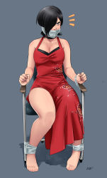 Rule 34 | ada wong, bare shoulders, bdsm, black hair, body blush, bondage, bound, bound ankles, bound wrists, breasts, brown eyes, capcom, chair, choker, cleavage, collarbone, dress, gag, gagged, highres, improvised gag, legs, lost one zero, nail polish, red dress, resident evil, resident evil 4, side slit, sleeveless, sleeveless dress, tape, tape bondage, tape gag, tied to chair