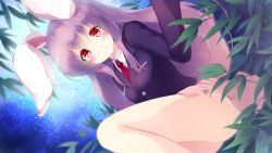 Rule 34 | 1girl, animal ears, ass, black jacket, blazer, blush, breasts, commentary request, feet out of frame, gengetsu chihiro, hand up, highres, jacket, long hair, long sleeves, looking at viewer, medium breasts, miniskirt, necktie, night, night sky, pink skirt, pleated skirt, purple hair, rabbit ears, red eyes, red necktie, reisen udongein inaba, shirt, sitting, skirt, sky, smile, solo, star (sky), starry sky, thighs, touhou, very long hair, white shirt, wing collar