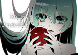 Rule 34 | 1girl, apple, aqua eyes, aqua hair, aqua nails, backlighting, bad id, bad pixiv id, bare shoulders, blurry, blurry background, chromatic aberration, close-up, depth of field, food, fruit, hatsune miku, high contrast, lace, long hair, looking at viewer, muted color, nail polish, open mouth, pale skin, red apple, romeo to cinderella (vocaloid), scribble, solo, song name, songover, strap slip, vocaloid, yukizi