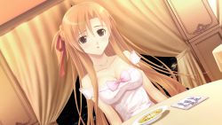 Rule 34 | 1girl, bare shoulders, blush, bow, bowtie, breasts, brown eyes, cleavage, curtains, plate, dress, food, fork, fusataka shikibu, game cg, hair ribbon, highres, jewelry, large breasts, long hair, looking at viewer, necklace, orange hair, ribbon, sitting, solo, soup, table, tsugou no ii kazoku