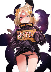 Rule 34 | 1girl, abigail williams (fate), abigail williams (traveling outfit) (fate), bandaid, bandaid on face, bandaid on forehead, black bow, black jacket, black panties, blonde hair, blue eyes, bow, buckle, cardboard, clothes lift, commentary request, english text, fate/grand order, fate (series), gluteal fold, grin, groin, hair bow, hair bun, half-closed eyes, head tilt, heart, holding, holding sign, jacket, jacket lift, lifting own clothes, long hair, long sleeves, looking at viewer, lowleg, lowleg panties, naughty face, official alternate costume, orange bow, panties, parted bangs, polka dot, polka dot bow, pussy juice, shade, sharp teeth, shiny skin, sign, simple background, single hair bun, sleeves past fingers, sleeves past wrists, smile, smirk, solo, space, standing, star (sky), sweat, teeth, tentacles, underwear, wakamesan, white background