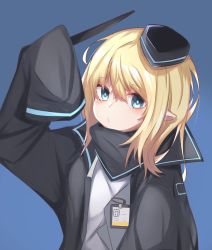 Rule 34 | 1girl, absurdres, arknights, arm up, black hat, black jacket, blonde hair, blue background, blue eyes, closed mouth, commentary request, durin (arknights), hair between eyes, hat, highres, holding, holding wand, jacket, koutei pengin 1-gou, long hair, long sleeves, looking at viewer, mini hat, open clothes, open jacket, pointy ears, shirt, simple background, sleeves past fingers, sleeves past wrists, solo, tilted headwear, upper body, wand, white shirt