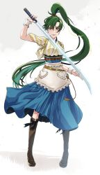 Rule 34 | 1girl, absurdres, alternate costume, facing viewer, fire emblem, fire emblem engage, green eyes, green hair, high ponytail, highres, holding, holding sword, holding weapon, japanese clothes, looking at viewer, lyn (fire emblem), mani katti (fire emblem), nintendo, solo, sword, umi ( oneinchswing), weapon