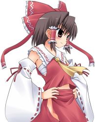 Rule 34 | 1girl, ascot, blush, detached sleeves, female focus, frilled hair tubes, frills, hair tubes, hakurei reimu, hands on own hips, hoshi umi, imperishable night, japanese clothes, miko, simple background, smile, solo, touhou, white background, yellow ascot