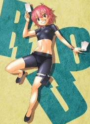 Rule 34 | 00s, 1girl, anita king, bad id, bad pixiv id, breasts, holster, impossible clothes, impossible shirt, midriff, nakamura yukitoshi, navel, paper, pink hair, r.o.d the tv, read or die, shirt, short hair, smile, solo, thigh holster, thigh strap, toned