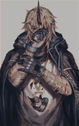 Rule 34 | 1boy, absurdres, arknights, bandaged arm, bandages, blonde hair, blood, blue gloves, brown eyes, commentary, covered face, cuts, gas mask, gloves, hand on own arm, highres, hood, hood down, hooded jacket, horns, injury, jacket, jacket on shoulders, long sleeves, male focus, manjyufroth, mask, mask around neck, medium hair, noir corne (arknights), oni, open clothes, open jacket, shirt, silver hair, simple background, single horn, solo, upper body