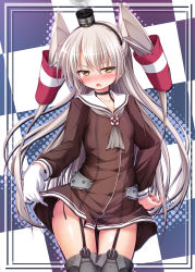 Rule 34 | 10s, 1girl, :o, amatsukaze (kancolle), bikini, black bikini, black hairband, black panties, blush, boots, breasts, brown eyes, brown shirt, buttons, checkered background, choker, collarbone, cowboy shot, garter straps, gloves, grey footwear, grey neckerchief, hair between eyes, hair tubes, hairband, hat, hip focus, kantai collection, kotaru, long hair, long sleeves, looking at viewer, mini hat, neckerchief, nose blush, panties, see-through, shirt, side-tie bikini bottom, side-tie panties, simple background, single glove, small breasts, solo, standing, swimsuit, thigh boots, thigh gap, thighhighs, thighs, twintails, two side up, underwear, very long hair, white gloves