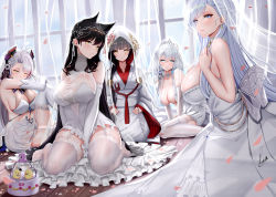 Rule 34 | 5girls, absurdres, antenna hair, atago (azur lane), atago (lily-white vow) (azur lane), atago (lily-white vow) (azur lane), azur lane, bare shoulders, belfast (azur lane), belfast (the pledge of claddagh) (azur lane), belfast (the pledge of claddagh) (azur lane), between legs, black hair, blue eyes, blunt bangs, blush, braid, breasts, breasts out, bridal veil, bride, cake, choker, circlet, cleavage, closed mouth, collarbone, curtains, dress, earrings, food, garter straps, gloves, hair censor, hair over breasts, hand between legs, hand on own chest, head tilt, headgear, highres, hood, hood up, huge filesize, illustrious (azur lane), illustrious (morning star of love and hope) (azur lane), indoors, japanese clothes, jewelry, kimono, knee up, large breasts, leaning forward, long hair, looking at viewer, low twintails, manjuu (azur lane), mole, mole on breast, mole under eye, multicolored hair, multiple girls, no shoes, on floor, parted lips, piukute062, prinz eugen (azur lane), prinz eugen (symphonic fate) (azur lane), red hair, see-through, seiza, short dress, sideboob, signature, silver hair, sitting, sleeveless, sleeveless dress, smile, strapless, strapless dress, streaked hair, swept bangs, takao (azur lane), takao (sakura hanami) (azur lane), tassel, thighhighs, tiara, twintails, veil, very long hair, wariza, wedding dress, white dress, white gloves, white kimono, white legwear, white theme, window, wooden floor, yellow eyes