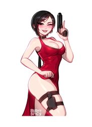 Rule 34 | 1girl, ada wong, bare arms, bare shoulders, blush, blushyspicy, breasts, cleavage, clothes lift, collarbone, dress, dress lift, gun, handgun, holding, holding gun, holding weapon, large breasts, one eye closed, red dress, red lips, resident evil, resident evil 4, skindentation, smile, solo, teeth, thigh strap, transparent background, weapon