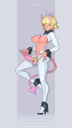 Rule 34 | 1futa, artist name, blonde hair, breasts, cock ring, futanari, grey background, hand on own hip, heart, heart tail, high heels, highres, horns, large breasts, large penis, looking at viewer, navel, nipples, original, penis, pointy ears, sex toy, solo, stomach, tail, tailbox, testicles, yellow eyes