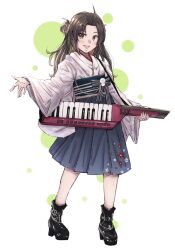 Rule 34 | 1girl, boots, brown eyes, brown hair, full body, guitar, highres, holding, holding instrument, instrument, japanese clothes, kantai collection, ld (luna dial398), long hair, makinami (kancolle)