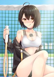 Rule 34 | 1girl, :q, ahoge, armpits, azur lane, baltimore (azur lane), baltimore (black ace) (azur lane), bare legs, bare shoulders, black choker, black hair, black jacket, black shorts, blurry, blurry background, blush, braid, breasts, brown eyes, chest tattoo, choker, cleavage, collarbone, commentary request, cowboy shot, french braid, hair between eyes, highres, holding, holding racket, jacket, long sleeves, looking at viewer, medium breasts, midriff, nose blush, off-shoulder jacket, off shoulder, partially unzipped, racket, shaketarako, short hair, short shorts, shorts, shoulder tattoo, sidelocks, sitting, smile, solo, sports bra, tattoo, tennis court, tennis net, tennis racket, tongue, tongue out, white sports bra