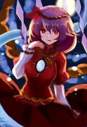 Rule 34 | 1girl, :d, dress, full moon, highres, long sleeves, looking at viewer, maho moco, mirror, moon, one-hour drawing challenge, open mouth, purple hair, red dress, red eyes, rope, shimenawa, short hair, smile, solo, touhou, upper body, yasaka kanako