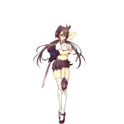 Rule 34 | 1girl, anchor symbol, artist request, blush, breast hold, breasts, brown eyes, brown hair, chipped sword, cleavage, damaged, full body, garter straps, gluteal fold, hair tie, headgear, high heels, holding, holding sword, holding weapon, katana, knee pads, legs, long hair, looking at viewer, looking over eyewear, low twintails, mary janes, medium breasts, midriff, miniskirt, navel, official art, open clothes, open mouth, open shirt, over-rim eyewear, over shoulder, panties, pantyshot, red-framed eyewear, rigging, semi-rimless eyewear, shirt, shoes, single garter strap, single knee pad, skirt, solo, standing, sword, sword over shoulder, tatsuta (warship girls r), thighhighs, thighs, torn clothes, transparent background, twintails, unbuttoned, unbuttoned shirt, underwear, very long hair, warship girls r, weapon, weapon over shoulder, white shirt, white thighhighs