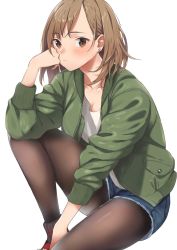 Rule 34 | 1girl, blush, brown eyes, brown hair, brown socks, closed mouth, denim, denim shorts, doushimasho, earrings, elbow on knee, green jacket, grey socks, hand on own cheek, hand on own face, highres, invisible chair, jacket, jewelry, long sleeves, looking at viewer, original, pantyhose, pantyhose under shorts, shirt, shoes, short shorts, shorts, simple background, sitting, socks, solo, white background, white shirt