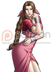 Rule 34 | aerith gainsborough, ass, braid, breasts, brown hair, choker, cleavage, coat, dress, final fantasy, final fantasy vii, green eyes, hair ornament, hair ribbon, large breasts, lips, long hair, pink dress, ponytail, red coat, ribbon, square enix, square soft, thedarkness, thick thighs, thighs, very long hair