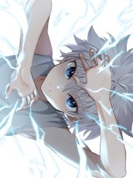 Rule 34 | 1boy, aura, blue eyes, child, closed mouth, commentary request, electricity, highres, hunter x hunter, killua zoldyck, looking at viewer, male focus, shirt, short hair, simple background, solo, spiked hair, tank top, usami (usami l), white hair, white shirt