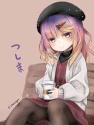 Rule 34 | 1girl, akino shuu, beret, black hat, black pantyhose, blush, closed mouth, coffee cup, cup, disposable cup, dress, feet out of frame, gradient hair, hair ornament, hat, holding, holding cup, jacket, kantai collection, long hair, looking at viewer, multicolored hair, official alternate costume, open clothes, open jacket, pantyhose, purple hair, red dress, smile, solo, tsushima (kancolle), twitter username, white jacket, yellow eyes