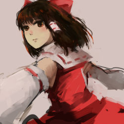 Rule 34 | 1girl, 74 (teduka), bad id, bad pixiv id, bow, brown eyes, brown hair, detached sleeves, face, female focus, hair bow, hakurei reimu, japanese clothes, lips, looking back, miko, perfect cherry blossom, solo, touhou