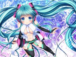 Rule 34 | 1girl, anklet, aqua eyes, aqua hair, asazuki kanai, beamed quavers, bridal gauntlets, center opening, hatsune miku, hatsune miku (append), headphones, highres, jewelry, long hair, looking at viewer, musical note, nail polish, navel, necktie, quaver, sheet music, smile, solo, staff (music), thighhighs, twintails, very long hair, vocaloid, vocaloid append