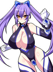Rule 34 | 1girl, bare shoulders, borrowed character, breasts, cleavage, elbow gloves, gloves, highleg, highleg leotard, hip focus, huge breasts, leotard, long hair, magical girl, nishida megane, original, purple hair, simple background, solo, thighhighs, thighs, twintails, very long hair, white background