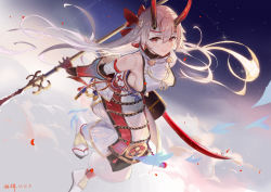 Rule 34 | 1girl, armor, blush, breasts, closed mouth, fate/grand order, fate (series), hair between eyes, headband, horns, japanese armor, japanese clothes, large breasts, leaning forward, long hair, looking at viewer, naginata, oni horns, polearm, rabbit (tukenitian), red eyes, sideboob, silver hair, smile, solo, sword, tomoe gozen (fate), very long hair, weapon