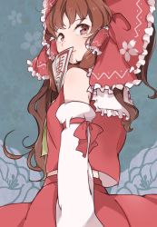 Rule 34 | 1girl, absurdres, ascot, blue background, bow, breasts, brown eyes, brown hair, collar, covering own mouth, cowboy shot, detached sleeves, dot (harukiari), floral background, floral print, frilled bow, frilled collar, frilled shirt collar, frills, hair bow, hair tubes, hakurei reimu, highres, lips, long hair, looking back, ofuda, ponytail, red bow, red eyes, red skirt, ribbon-trimmed sleeves, ribbon trim, sailor collar, skirt, sleeveless, small breasts, smile, solo, talisman, touhou