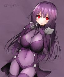 Rule 34 | 1girl, armor, blush, bodysuit, breasts, commentary request, covered navel, fate/grand order, fate (series), female focus, kujiran, large breasts, long hair, looking away, pauldrons, purple background, purple bodysuit, purple hair, red eyes, scathach (fate), scathach (fate), shoulder armor, solo, twitter username