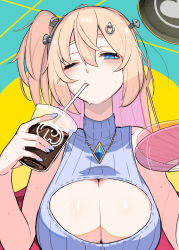 Rule 34 | 1girl, absurdres, blonde hair, blue eyes, breasts, cleavage, cleavage cutout, clothing cutout, cup, drinking, drinking straw, hide (hideout), highres, hime hajime, holding, holding cup, jewelry, large breasts, long hair, looking at viewer, nail polish, object through head, one eye closed, screw in head, side ponytail, solo, virtual youtuber, vshojo