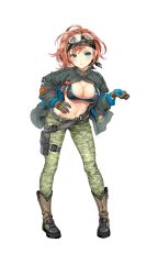 Rule 34 | 1girl, bandana, bikini, blue eyes, boots, breasts, brown footwear, camouflage, cleavage, dominic shangri-la, formation girls, full body, gloves, goggles, goggles on head, highres, jacket, kamura poku, large breasts, light brown hair, looking at viewer, navel, official art, open clothes, open jacket, solo, swimsuit, transparent background