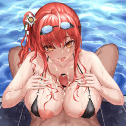 Rule 34 | 1boy, 1girl, areola slip, azur lane, bar censor, bikini, bikini bottom aside, black bikini, blush, breasts, brown eyes, censored, chinese commentary, cleavage, clothing aside, commentary request, cum, cum in mouth, cum on body, cum on breasts, cum on hair, cum on upper body, facial, goggles, goggles on head, hair between eyes, hetero, highres, italian flag, large breasts, long hair, looking at viewer, nipple slip, nipples, official alternate costume, open mouth, paizuri, penis, poolside, pov, red hair, side ponytail, smile, solo focus, swimsuit, upper body, water, wet, yeklsa, zara (azur lane), zara (poolside coincidence) (azur lane)
