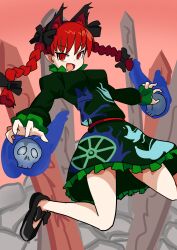 Rule 34 | 1girl, :d, absurdres, animal ear fluff, animal ears, black bow, bow, braid, cat, cat ears, dress, extra ears, footwear bow, ghost, green dress, highres, hitodama, holding, holding skull, jumping, kaenbyou rin, mary janes, misomaru, multiple tails, nekomata, open mouth, pointy ears, puffy sleeves, shoes, sketch, skull, slit pupils, smile, tail, touhou, twin braids, two tails, wheel, wily beast and weakest creature