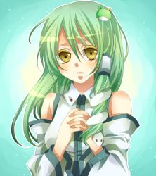 Rule 34 | 1girl, bad id, bad pixiv id, detached sleeves, female focus, frog, gradient background, green hair, hair ornament, kochiya sanae, lowres, mountain of faith, own hands together, snake, solo, touhou, tsukioka tsukiho, upper body, yellow eyes