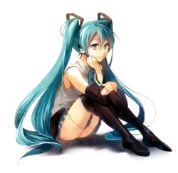 Rule 34 | 1girl, aqua hair, bad id, bad pixiv id, head rest, detached sleeves, green eyes, hatsune miku, hirococo, long hair, necktie, sitting, skirt, solo, thighhighs, twintails, very long hair, vocaloid