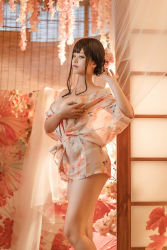 Rule 34 | 1girl, bare back, bare legs, bare pectorals, bare shoulders, barefoot, breasts, chinese (nationality), cosplay, curly hair, curtains, flower, flower on head, flower print, flowers in hair, hand on breast, hand on own chest, highres, indoors, japanese clothes, japanese house, large breasts, leaf, long image, mizhimaomao, mizhimaoqiu, nail polish, pectorals, photo (medium), pointing, real life, standing, tagme, umbrella, undressing, white nails, wide hips