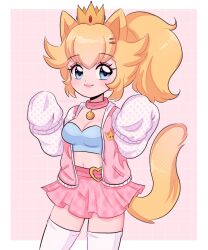 Rule 34 | 1girl, absurdres, animal ears, belt, blonde hair, blue eyes, blue shirt, blush, breasts, cat ears, cat girl, cat tail, chellyko, cleavage, collar, crown, crown print, heart belt, highres, jacket, letterman jacket, long hair, long sleeves, mario (series), medium breasts, midriff, navel, nintendo, open mouth, pink background, pink belt, pink jacket, pink skirt, plaid, plaid skirt, ponytail, princess peach, print jacket, shirt, skirt, sleeves past wrists, smile, standing, strapless, super mario bros. 1, tail, thighhighs, tube top, white thighhighs