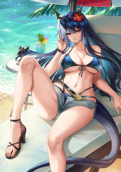 Rule 34 | 1girl, arknights, beach, beach umbrella, bikini, bikini under clothes, blue bikini, blue hair, blue shorts, breasts, ch&#039;en (arknights), ch&#039;en the holungday (arknights), ch&#039;en the holungday (elite ii) (arknights), chinese commentary, cocktail glass, collarbone, commentary request, cup, denim, denim shorts, dragon horns, dragon tail, drink, drinking glass, feet, flower, foot out of frame, front-tie bikini top, front-tie top, hair between eyes, hair flower, hair ornament, highres, horns, kacyu, knee up, large breasts, long hair, long toes, looking at viewer, navel, official alternate costume, open fly, outdoors, parted lips, reclining, red eyes, red flower, sand, sandals, shorts, solo, stomach, swimsuit, tail, toes, umbrella, water, wristband