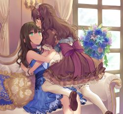 Rule 34 | 2girls, bad id, bad pixiv id, bare shoulders, blue dress, blue flower, blue gloves, brown dress, brown eyes, brown footwear, brown hair, closed mouth, couch, curtains, dress, earrings, flower, frilled dress, frills, gloves, green eyes, hands on another&#039;s back, highres, idolmaster, idolmaster cinderella girls, jewelry, leaf, long hair, looking at another, misha (hoongju), multiple girls, open mouth, pillow, pink flower, shibuya rin, shimamura uzuki, shoes, short sleeves, sitting, sleeveless, sleeveless dress, smile, thighhighs, wavy hair, white legwear, wrist cuffs, yuri