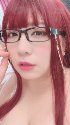 Rule 34 | 1girl, asian, chouzuki maryou, glasses, highres, lipstick, makeup, photo (medium), plump, red hair, solo