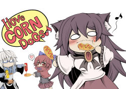 Rule 34 | 0 0, 1boy, 2girls, animal ears, bow, breasts, brown hair, chibi, commentary request, corn dog, covered mouth, eating, eighth note, english text, food, glasses, grey hair, hair bow, heart, hidefu kitayan, highres, holding, holding food, imaizumi kagerou, ketchup, long hair, medium breasts, morichika rinnosuke, multiple girls, musical note, mustard, no mouth, red eyes, red hair, sekibanki, short hair, simple background, spoken heart, touhou, white background, wide oval eyes, wolf ears, wolf girl