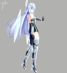 Rule 34 | 1girl, alien, aqua eyes, armor, atheon, bare shoulders, black gloves, blue eyes, blunt bangs, blush, breastplate, clenched hand, crystal, destiny (game), elbow gloves, from side, full body, gender request, genderswap, gloves, greaves, grey background, headgear, high heels, highres, hologram, kuroda kuwa, long hair, looking at viewer, looking to the side, outstretched arm, parted lips, personification, shoulder pads, side slit, signature, silver hair, simple background, skin tight, solo, source request, thighhighs, transparent, vambraces, very long hair